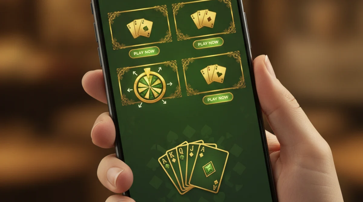 A smartphone displaying the Rummy Good green and gold interface layout.